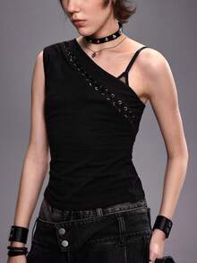 ROMWE Grunge Punk Punk Sexy Asymmetric Eyelet Lace-Up Sleeveless Crop Top Golf Pastal Summer - Black - View 5