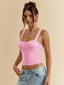 SHEIN BAE Áo hai dây chấm bi đen thanh lịch dành cho nữ, thích hợp cho buổi hẹn hò, tiệc sinh nhật, hộp đêm, tiệc lễ hội, tiệc bạn gái, hẹn hò, mặc hàng ngày, đi làm, áo corset, áo corset dễ thương, áo gợi cảm đi club, áo corset, áo trễ vai, áo mùa hè, áo dễ thương, quần áo mùa hè cho nữ, áo corset. - Hồng - Xem 4