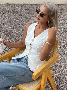 DAZY Solid Color Textured Jacquard Fitted Sleeveless V-Neck Thin Summer Vest Jacket For Women Swimming White Basic School - White - View 5