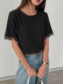 DAZY 女款夏季圓領短袖蕾絲拼接休閒套頭T恤商務休閒女裝 - 黑色 - 查看 4