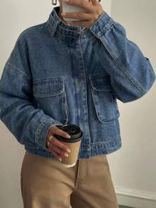 FRIFUL Women's Casual Washed Denim Jacket With Stand Collar Cropped Denim Jacket Crop Jean Jacket Women Jean Jacket Oversized Jean Jacket Jean Jacket - Blue - View 14