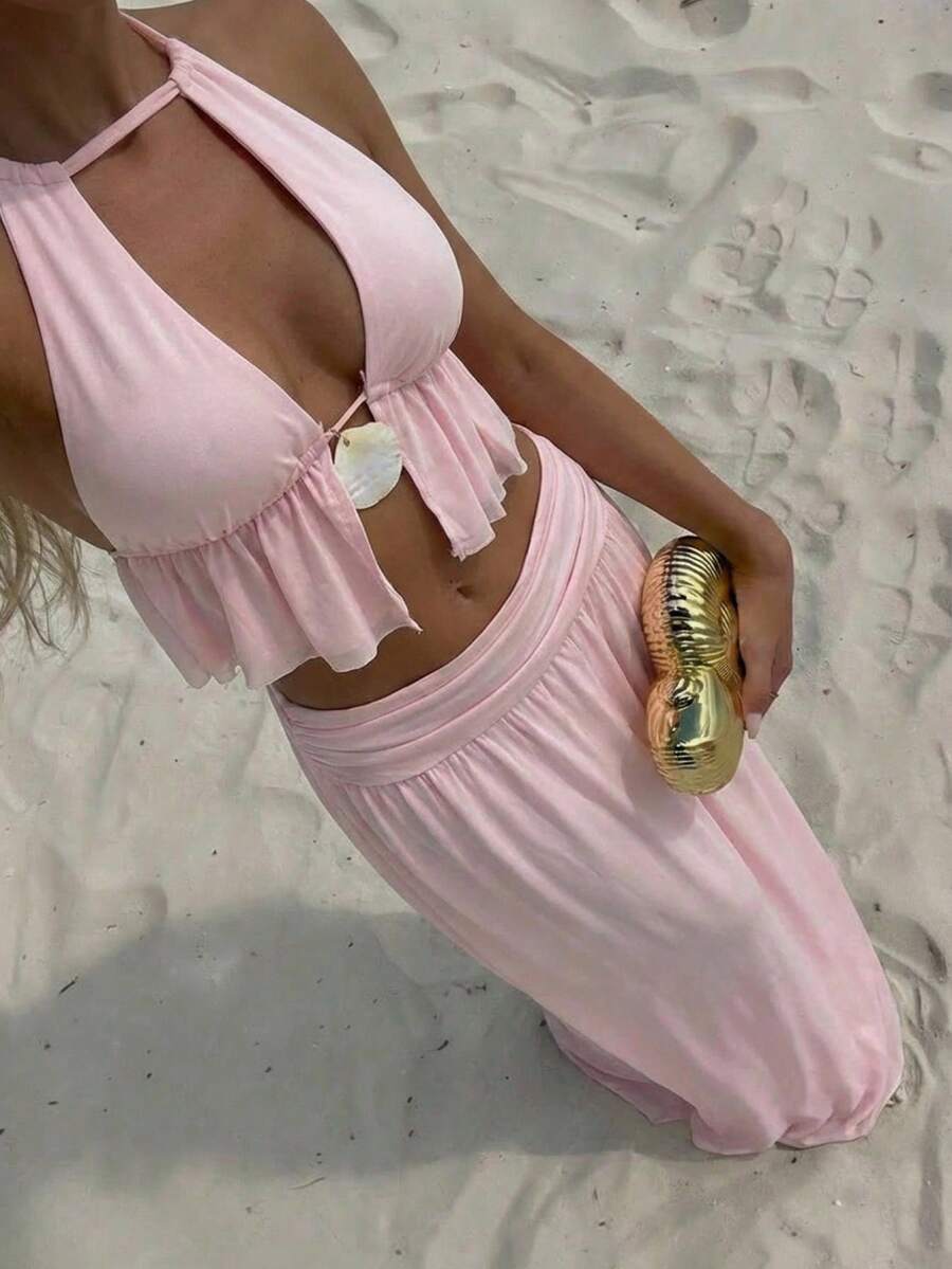 Aloruh 两件套粉色露背网纱针织吊带背心，饰有贝壳图案，搭配优雅直筒裙，适合度假和海滩穿着。 - 粉色 - 查看 1