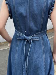 FRIFUL Đầm denim nữ dáng suông, cài cúc đơn, tay loe, thích hợp mặc đi biển. - Màu xanh lam - Xem 8
