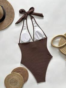 SHEIN Swim New Spring Summer Knitted White Deep V-Neck Beaded Open Back One-Piece Swimsuit For Women Sexy Golf - Coffee Brown - View 2