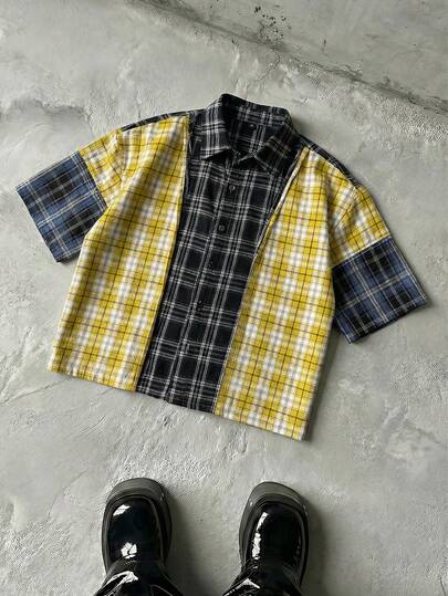 NEON BLANC Woven Plaid Patchwork Short Sleeve Shirt