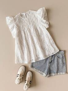 SHEIN Unity Summer New White Ruffle Trim Hollow Embroidered Striped Blouse, Elegant Sexy Vintage College Style Office Golf Commute Wear For Graduation Ceremony - White - View 2