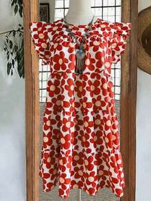 Linhara Plus-Size Women's Pink Floral Summer 70's Boho Satin Party Vacation Dress, Ruffled Cap Sleeve Loose Fit Color-Blocked Random Pattern Casual Home Wear - Red - View 1