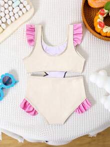 SHEIN GraphicGems Baby Girl Swimsuit, Cute Cat Applique Print Ruffle One-Piece Swimwear, Suitable For Summer Vacation, Beach, Swimming Pool - Multicolor - View 2