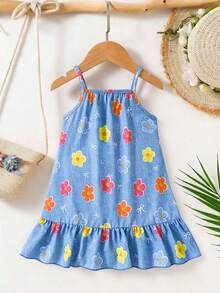 SHEIN Playful Pals 女嬰夏季韓式休閒可愛花卉與丹寧效果梭織洋裝，適合休閒與度假可愛穿搭 - 彩色 - 查看 7