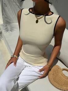 Aloruh Áo sơ mi nữ không tay cổ tròn, hở lưng, thắt nơ, thích hợp mặc đi làm và mặc thường ngày. - Màu be - Xem 4