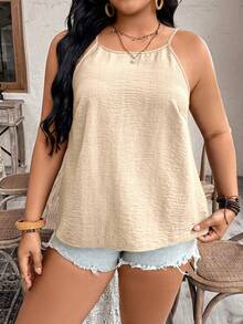 Breezaya Áo tank top nữ cỡ lớn cổ tròn thoải mái, chất liệu cotton pha lanh, lưng chéo, trang trí cúc dừa, kiểu dáng thường ngày, thích hợp mặc đi nghỉ mát. - Màu be - Xem 3