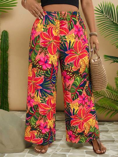 Travachic Quần ống rộng in họa tiết nhiệt đới dành cho nữ cỡ lớn, trang phục nghỉ dưỡng thanh lịch cho mùa xuân/hè.
