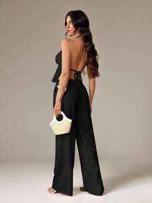SHEIN Tall Bộ đồ 2 mảnh gồm áo tank top buộc dây cổ yếm hở lưng và quần ống rộng có dây rút. Thích hợp cho đi club, đi nghỉ mát, đi biển, dự tiệc rave, đi nghỉ ở Hawaii. - màu đen - Xem 2