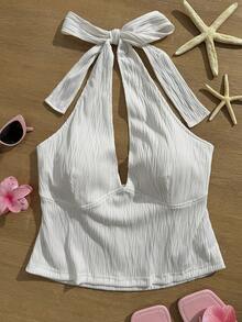 SHEIN EZwear 大码纯色吊带系腰露背短款上衣 - 米色 - 查看 11