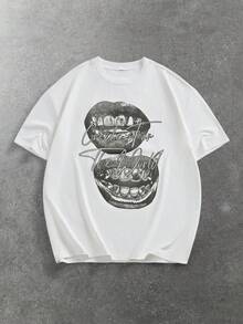 EASEVO Men's Casual Lip Print Round Neck Short Sleeve T-Shirt, Summer - White - View 5
