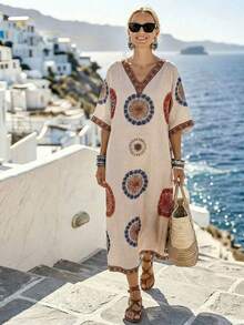 SHEIN Holidaya Women's Beige Digital Print Boho Beach Vacation Dress,V-Neck Short/Half Sleeve Elegant Fashion Style For Summer,Autumn,Spring,Daily Wear, Al-Adha - Multicolor - View 6