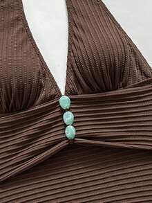 SHEIN Swim New Spring Summer Knitted White Deep V-Neck Beaded Open Back One-Piece Swimsuit For Women Sexy Golf - Coffee Brown - View 7