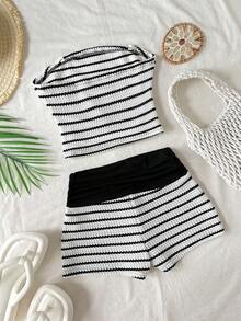 SHEIN Setelan Tank Top dan Celana Pendek Bergaris Kasual untuk Remaja Putri, Nyaman dan Minimalis, Cocok untuk Musim Semi/Panas, Hitam dan Putih - Hitam dan Putih - View 2