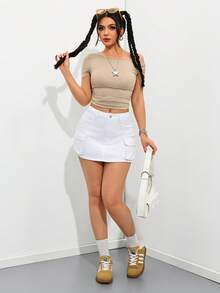 SHEIN PETITE 女士纽扣休闲牛仔迷你裙，日常百搭 - 白色 - 查看 6