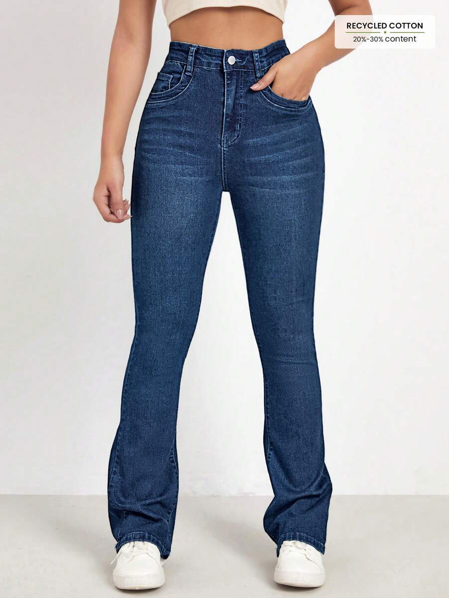 SHEIN FlexDen Jeans de pierna acampanada con lavado desteñido de cintura alta en azul denim lavado - Azul - Ver 1
