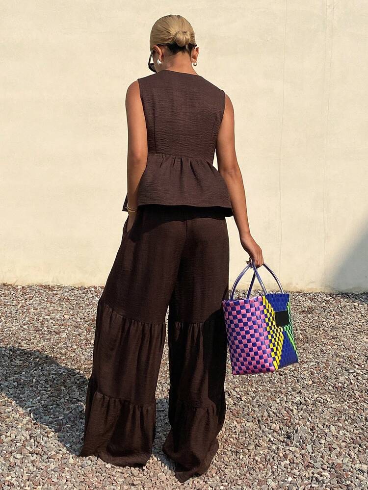 Spring & Summer Loose Casual Vacation Style Cropped Shirt And Wide Leg Pants 2 Pieces Set For Women