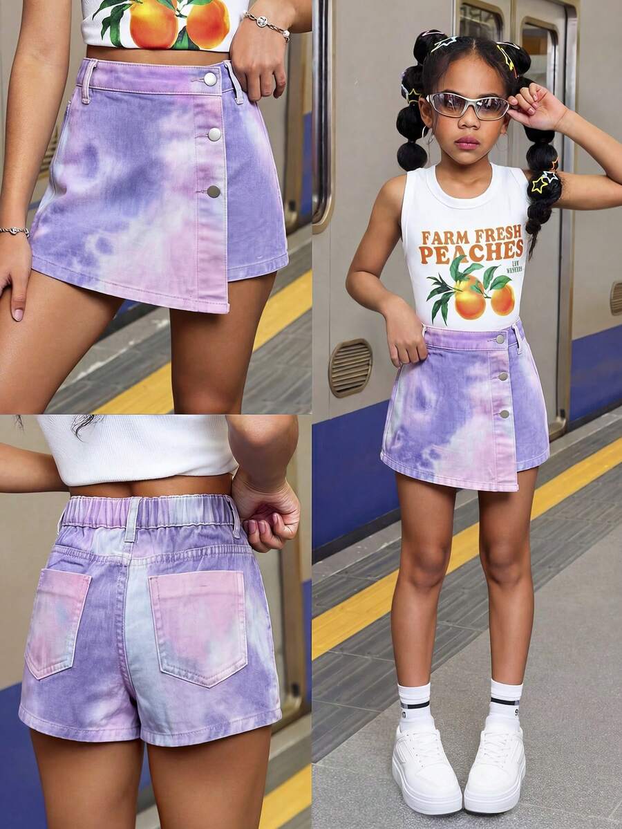 SHEIN 青少年女孩夏季Y2K休閒波希米亞風不對稱鈕扣牛仔裙褲,夏季度假與日常街頭穿搭派對Y2K夏季淺色水洗寬鬆短裙褲,舒適且時尚,休閒街頭風,適合春夏季 - 彩色 - 查看 1