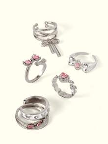 Popjeli 6pcs/Set Fashionable Pink Crystal Bow Heart Zirconia Rings, Y2K Shiny Zirconia Rings For Women And Girls, Party Jewelry - 6-piece Set - View 6