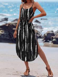 SHEIN LUNE 女式夏季透气扎染修身吊带开衩连衣裙 - 黑色 - 查看 5