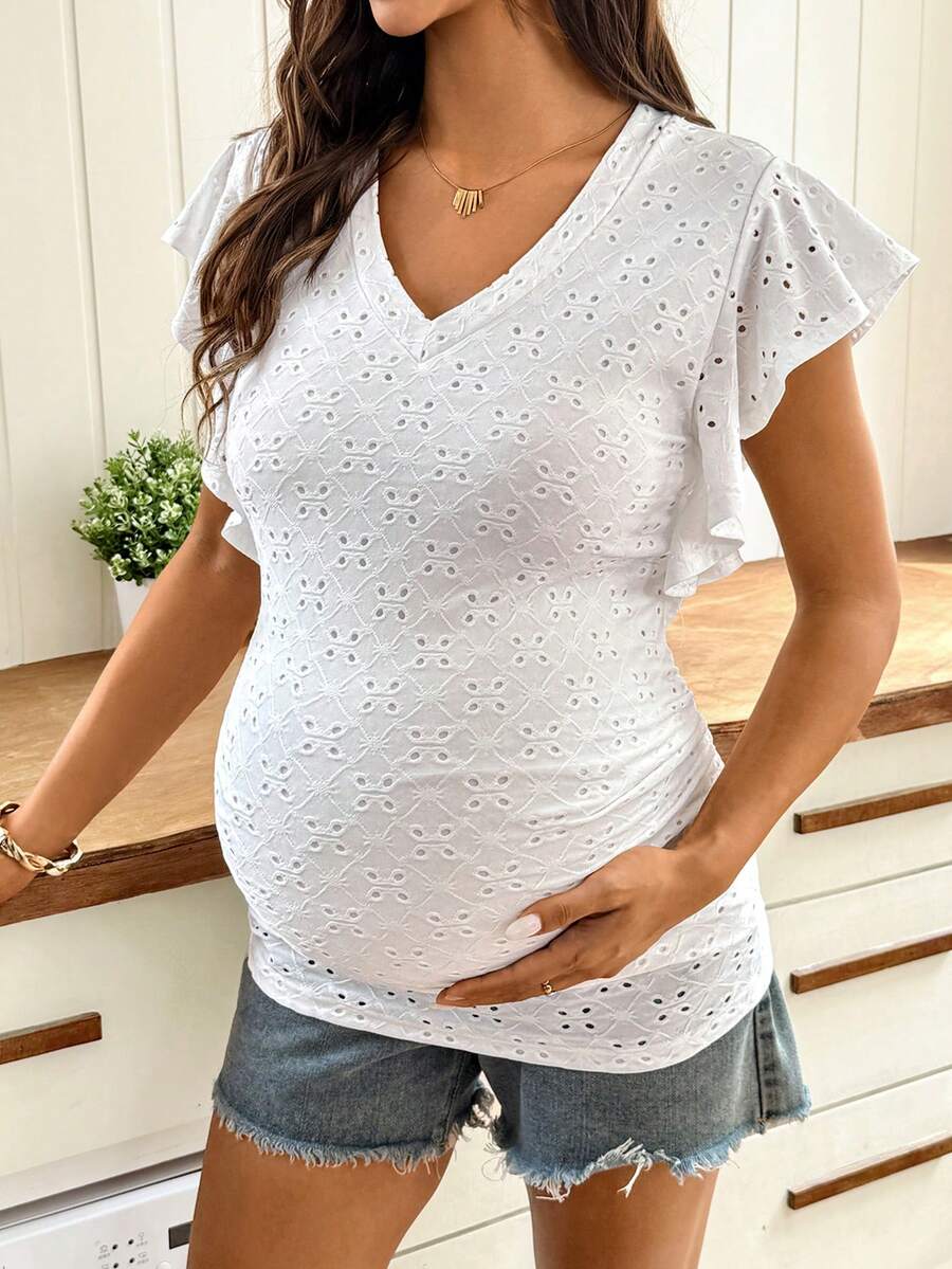Modmama Áo thun bầu cổ chữ V khoét rỗng, tay bồng, kiểu dáng thường ngày. - trắng - Xem 1
