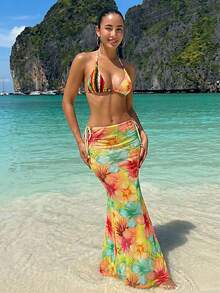 Lumalex 花卉条纹印花彩色串珠配饰长款纱笼露背性感沙滩比基尼三件套 - 彩色 - 查看 8