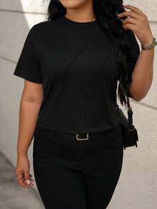 EMERY ROSE Plus Size Solid Color Round Neck Toothpick Decor Pullover T-Shirt - Black - View 3