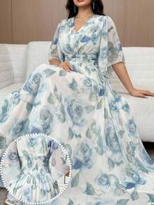 Vestido elegante de mujer talla grande con estampado floral, cintura fruncida y mangas con volantes - Multicolor 2 - Ver 9
