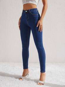 SHEIN Essnce Women's Casual Everyday Commute Simple Solid Color High Waist Skinny Jeans - Blue - View 5