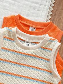 SHEIN Vintaside Kids Infant Boy's Fashionable Striped Waffle Design Sleeveless Vest 2 Pieces Set, Summer - Orange - View 4