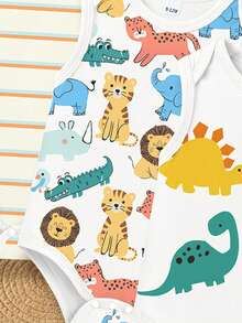 Playful Pals Conjunto de 3 piezas de pelele para bebé niño, con estampado minimalista de animales lindos y dinosaurios con elementos a rayas, sin mangas, adecuado para el verano - Multicolor - Ver 5