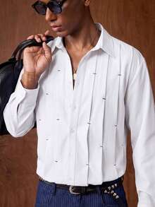 AKNOTIC Camisa de vestir de manga larga con un solo abotonado y pliegues para hombre, de estilo casual - Blanco - Ver 5