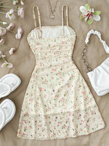 SHEIN Tween Girls' Summer Beach Vacation Ditsy Floral Ruched Bust Waist Tie Strap Dress - Apricot - View 2
