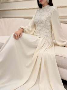 Feyla Women's Mesh Beaded Embroidered Asymmetrical Hem Long Sleeve Dress - Beige - View 8