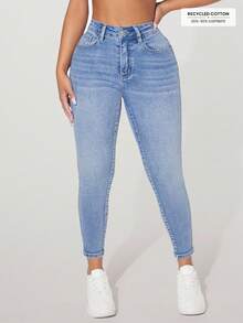 SHEIN PETITE Quần jeans nữ casual phong cách đường phố, quần jeans skinny có túi, quần jeans cạp cao ôm sát, quần jeans định hình vòng eo. - Màu xanh lam - Xem 3