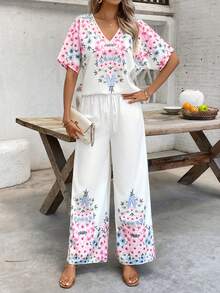 SHEIN Clasi Ensemble 2 pièces décontracté pour femmes, chemise à manches courtes à imprimé floral et pantalon large - Rose bonbon - Voir 4