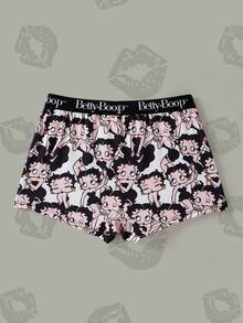 Betty Boop x SHEIN 女童弹力腰带休闲舒适平角短裤 - 黑色 - 查看 2