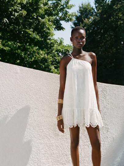 Maija Women's Casual Solid Color Hollow Embroidery Sleeveless Mini Dress For Vacation,White Dress,Festival Outfits ,Summer Holiday Outfits,Beach Outfit For Women,Summer Dresses For Women