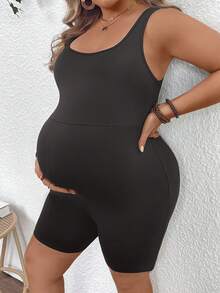 Plussiva Plus Size Maternity Casual Vacation & Commute Solid Color Scoop Neck Fitted Romper, Summer - Grey - View 7