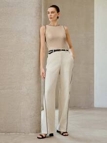 MOTF PREMIUM CAMISETA DE TIRANTES ELEGANTE Y VERSÁTIL DE PUNTO DE CANALÉ BLANCO CON CONTRASTE PARA MUJER - Caqui - Ver 4