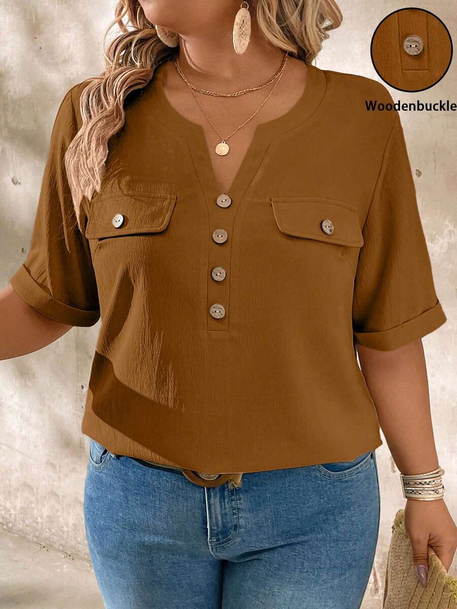 EMERY ROSE Plus Size Casual Notched Collar Wood Button Decor Short Sleeve Shirt Gym Brown Summer - Coffee Brown - View 1