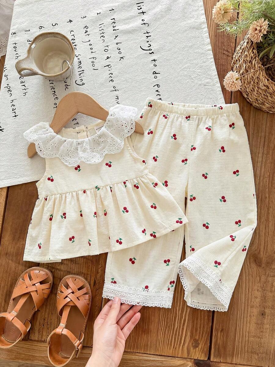 SHEIN LMoss Kids Bộ áo và quần họa tiết hoa dễ thương cho bé gái, viền bèo nhún, thích hợp cho kỳ nghỉ hè. - Nhiều màu - Xem 1