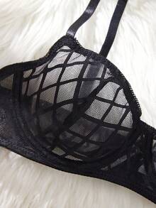 Esselle 2pcs Mesh Women's Lingerie Set, Minimalist Sheer Bralette Without Padding - Black - View 2