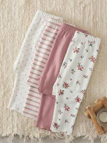 Souflis Souflis 4 Pairs Girls' Casual Floral Print & Solid Color Leggings, Suitable For All Seasons - Multicolor - View 4