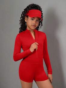 SHEIN Girlism 少女长袖翻领拉链T恤、背心和紧身裤三件套运动服 - 紅色 - 查看 11