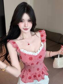 Joudiya 春夏红色花卉刺绣格纹蕾丝衬衫，修身腰身，白色蕾丝荷叶边下摆，优雅女士办公室短袖衬衫 - 紅色 - 查看 9